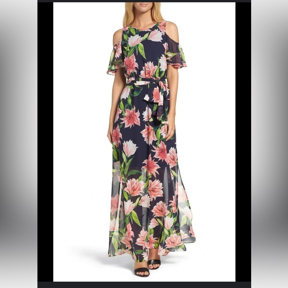 Eliza J Navy Floral Cold Shoulder Maxi Dress